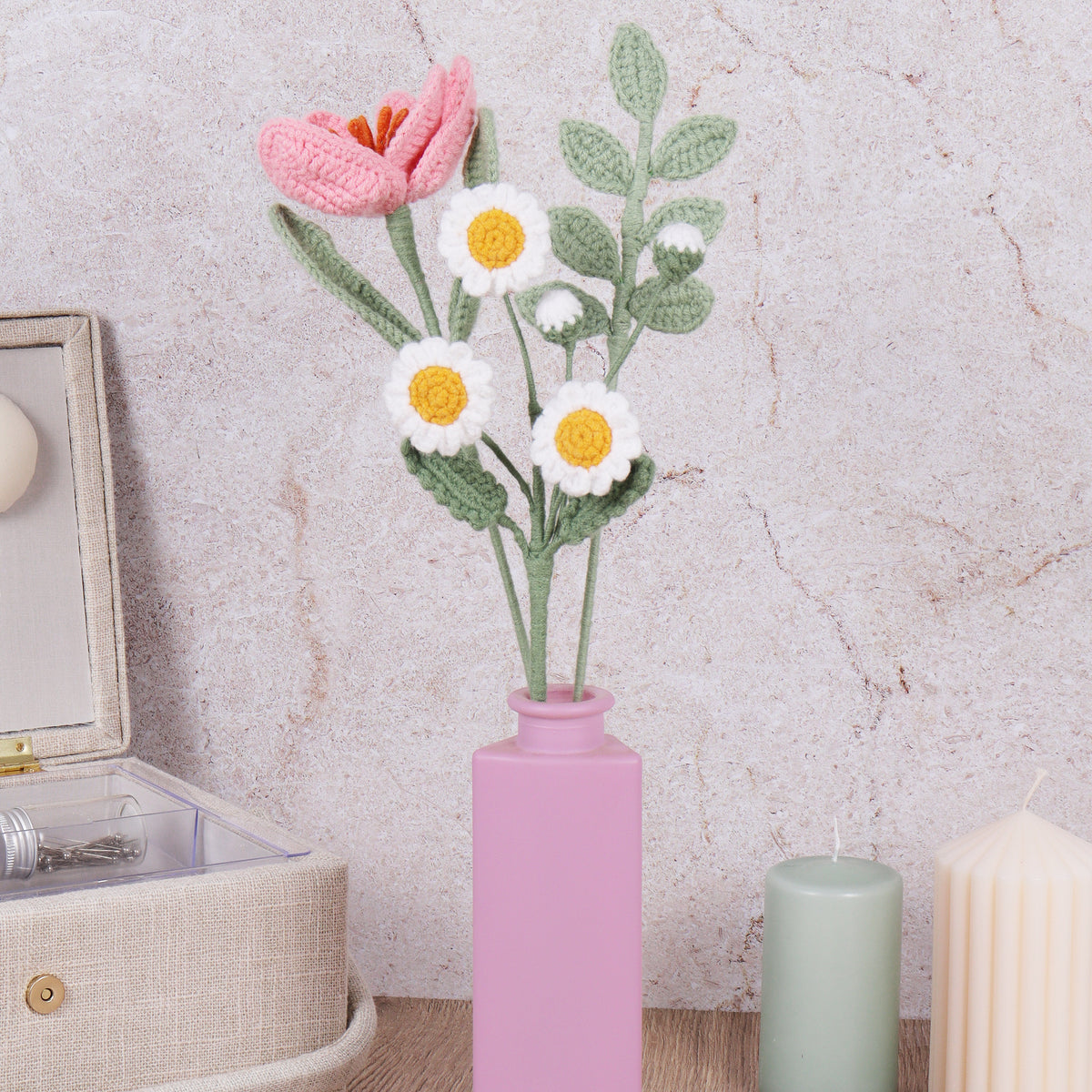 Crocheted flowers on wire stems