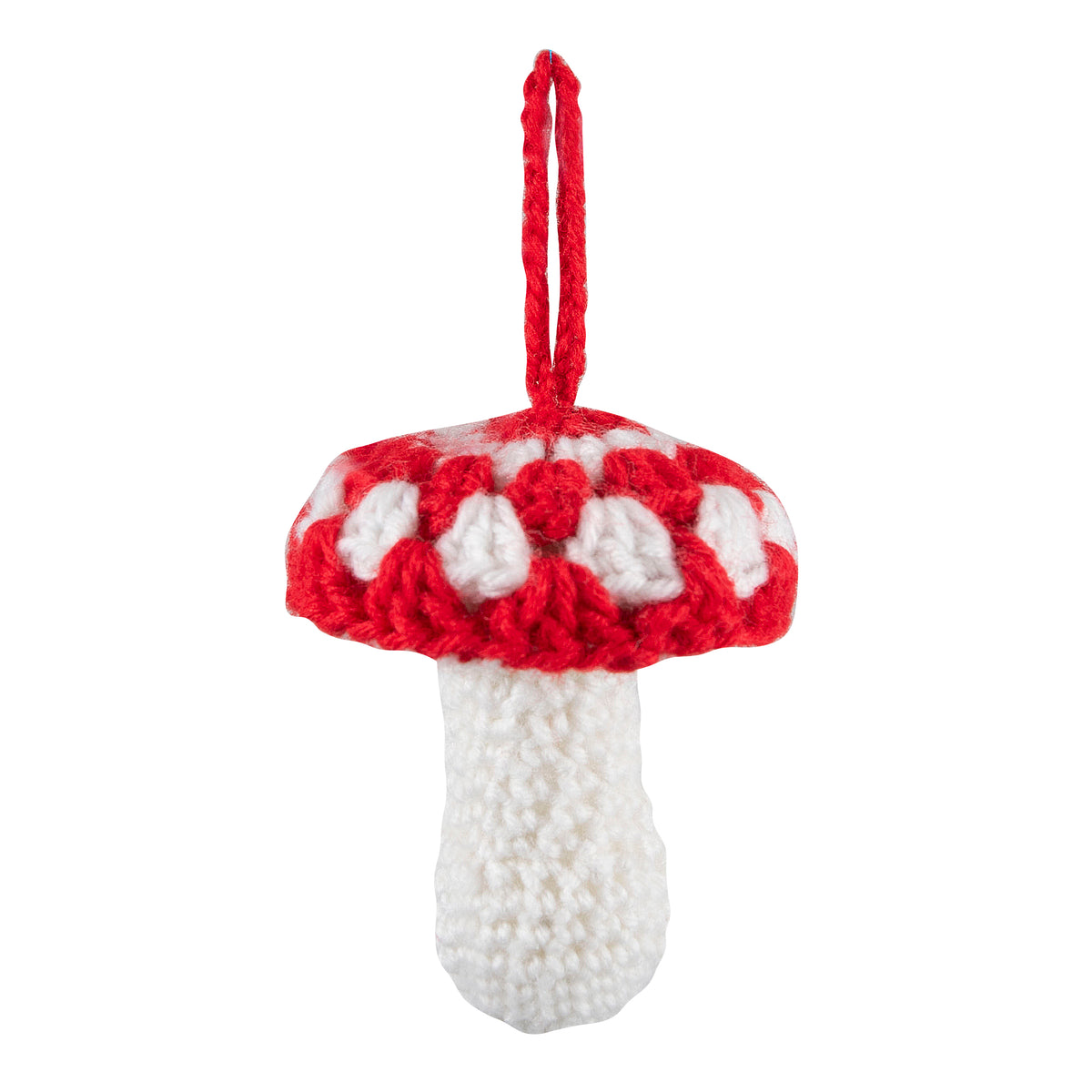 Crocheted red and white toadstool