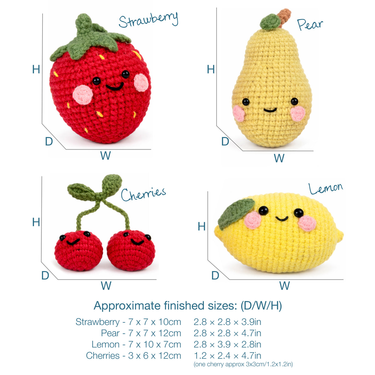 Four crocheted amigurumi fruits with smiley faces