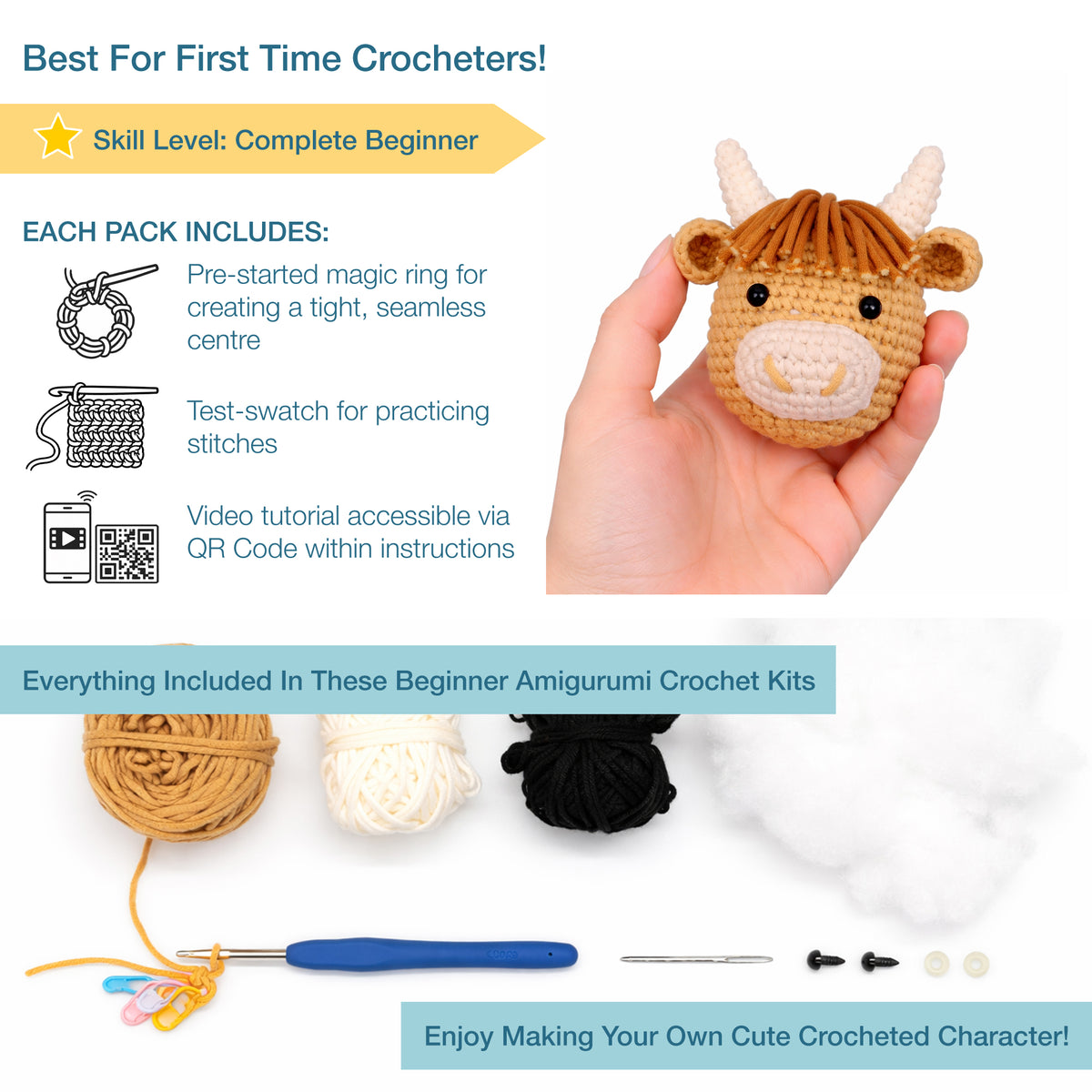 Crocheted amigurumi highland cow