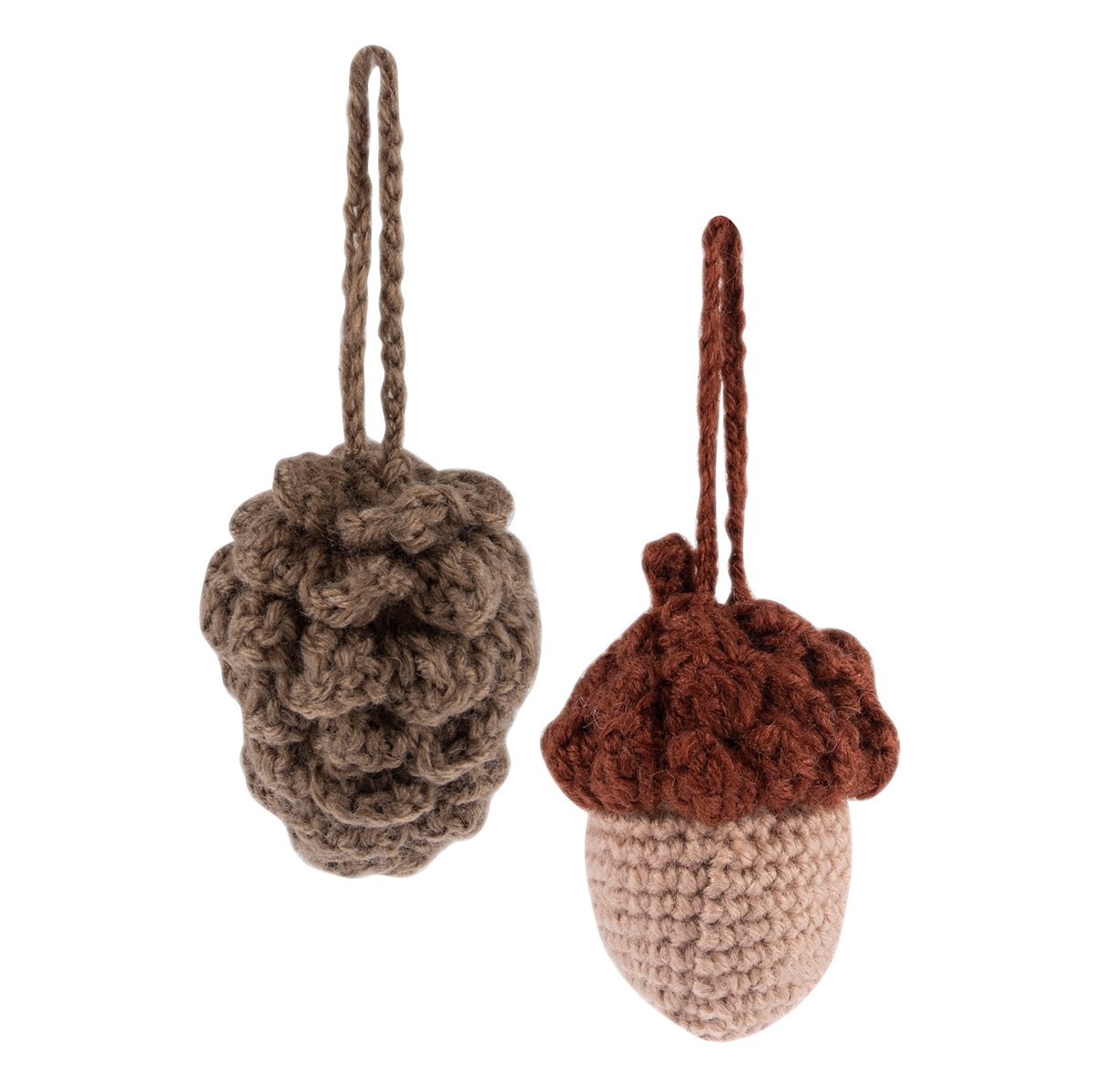 Crocheted amigurumi pinecone and acorn with Trimits kit