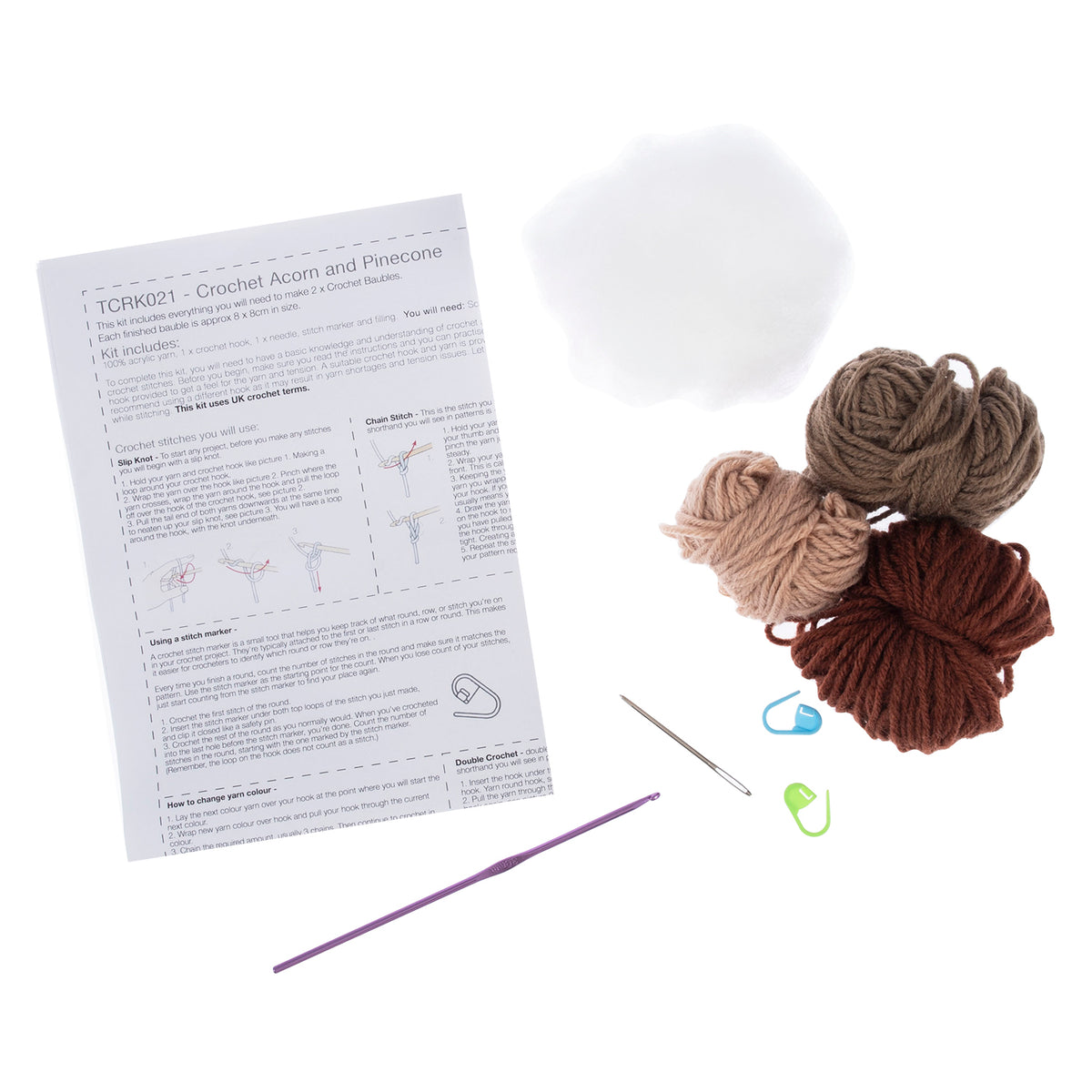 Crocheted amigurumi pinecone and acorn with Trimits kit