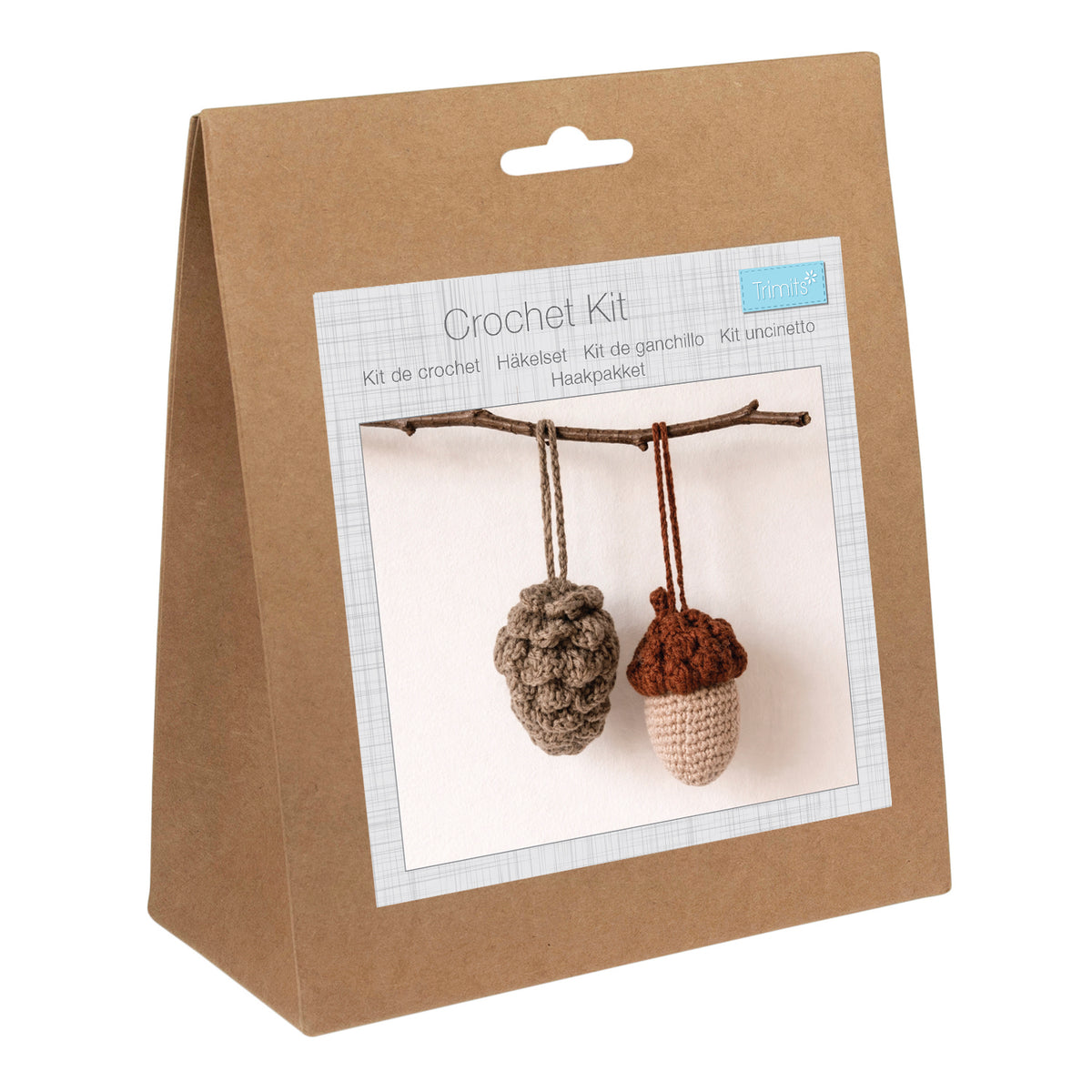 Crocheted amigurumi pinecone and acorn with Trimits kit