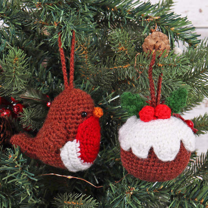 Crocheted Christmas robin and pudding decorations with Trimits kit