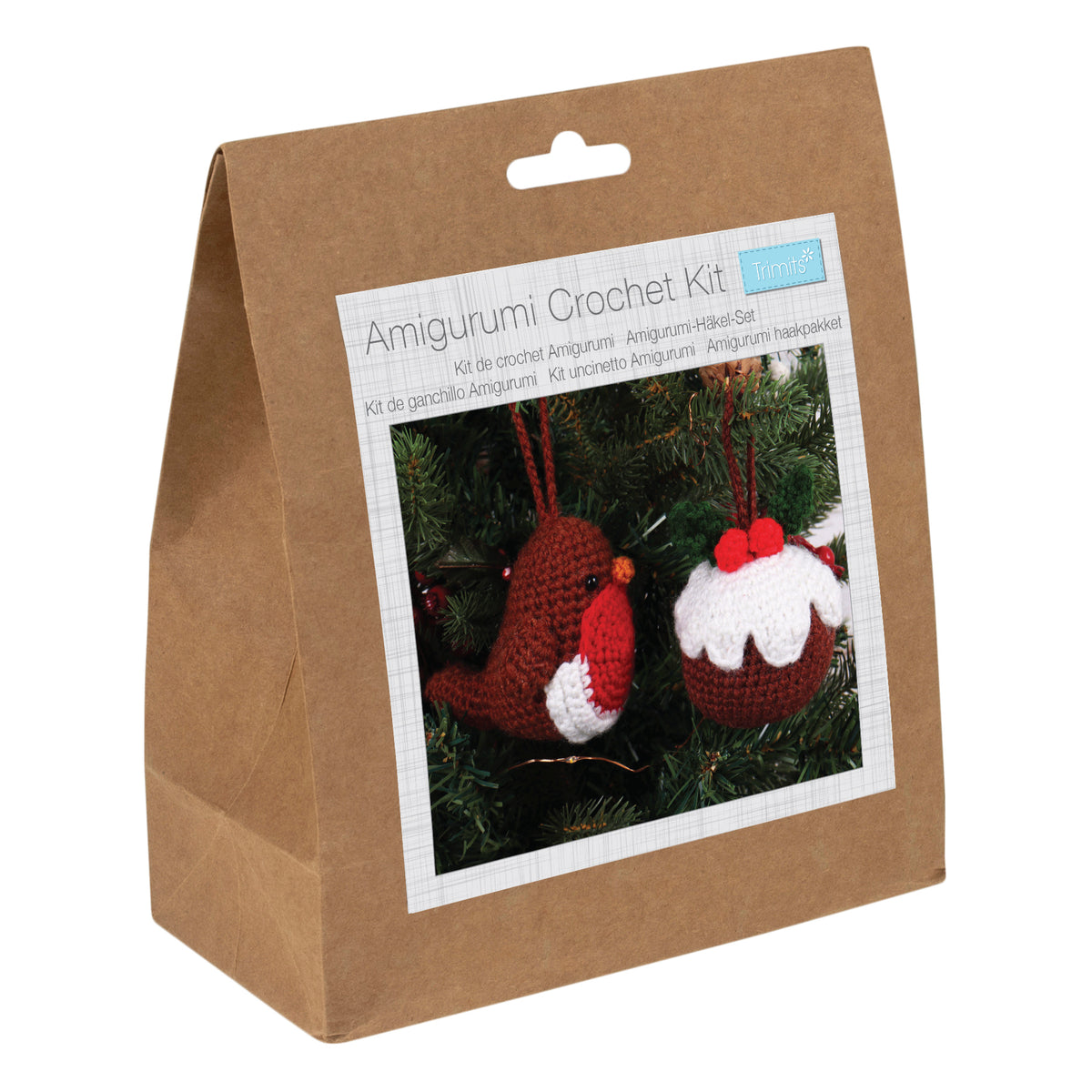 Crocheted Christmas robin and pudding decorations with Trimits kit