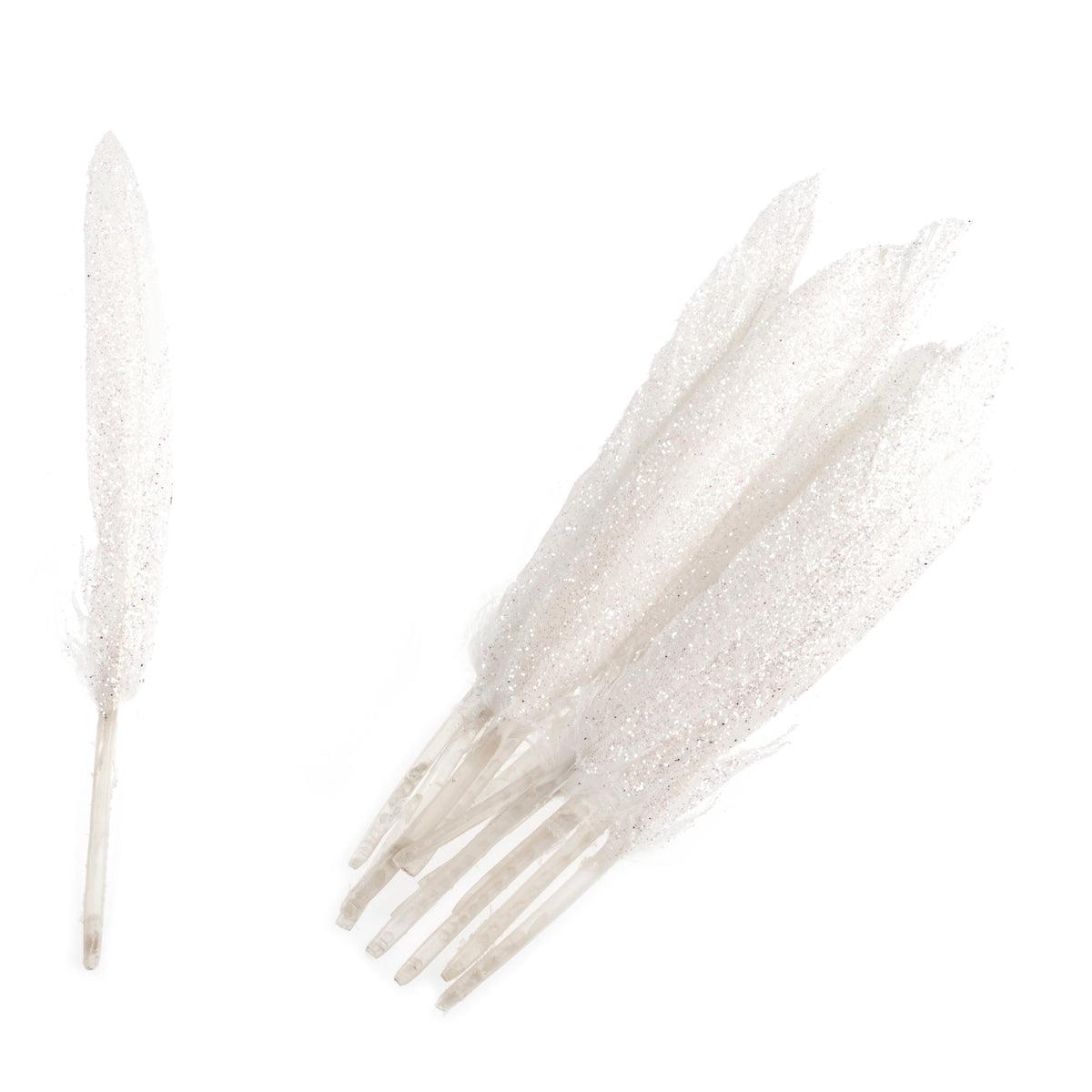 White glitter duck feathers in a pack