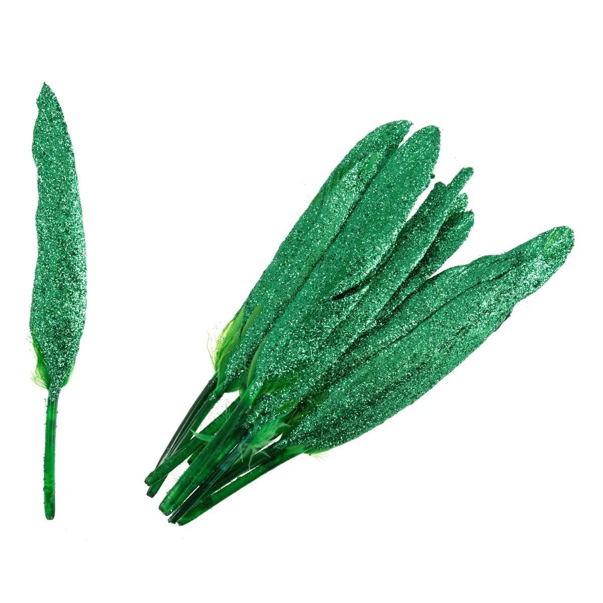 Green glitter duck feathers in a pack