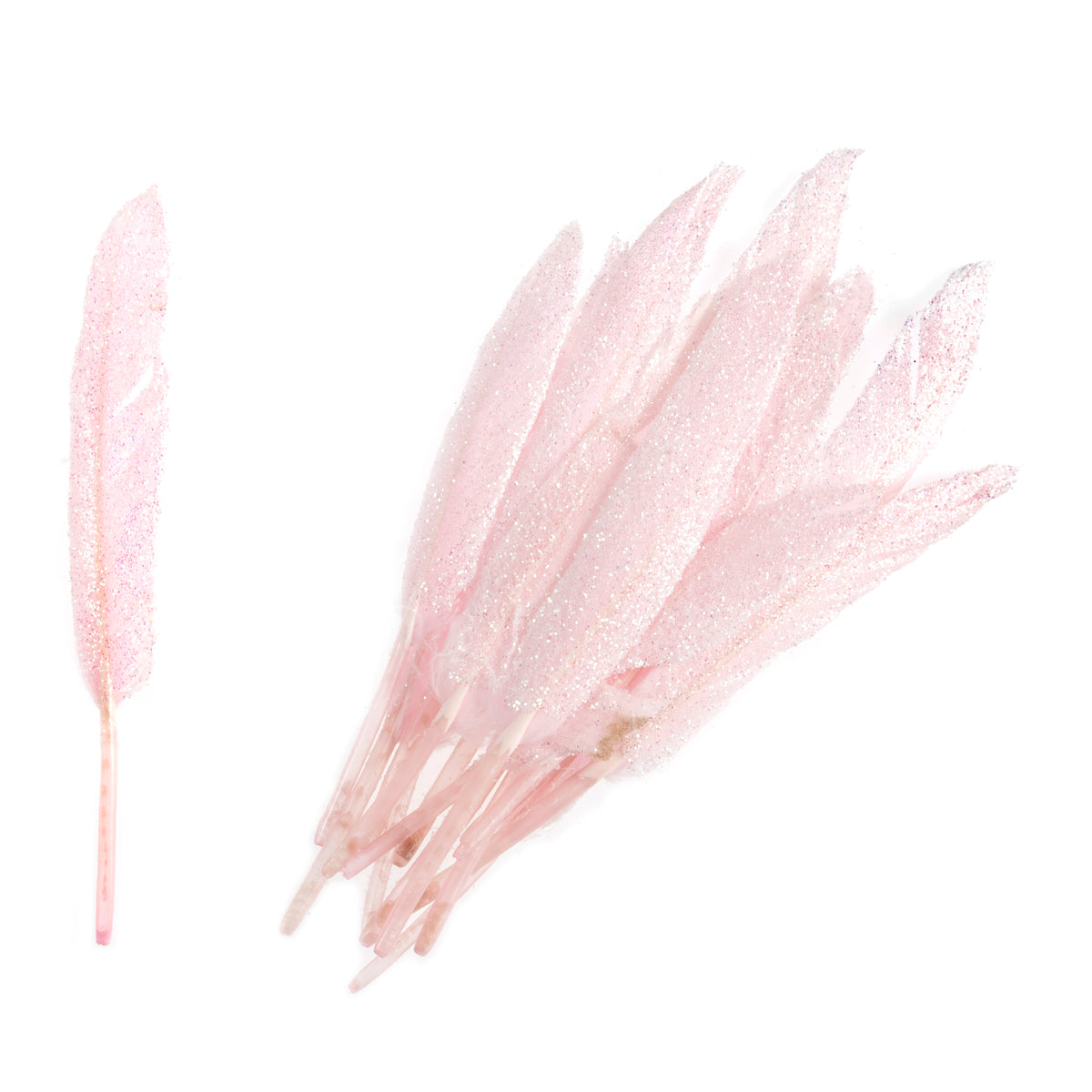 Pink glitter duck feathers in a pack