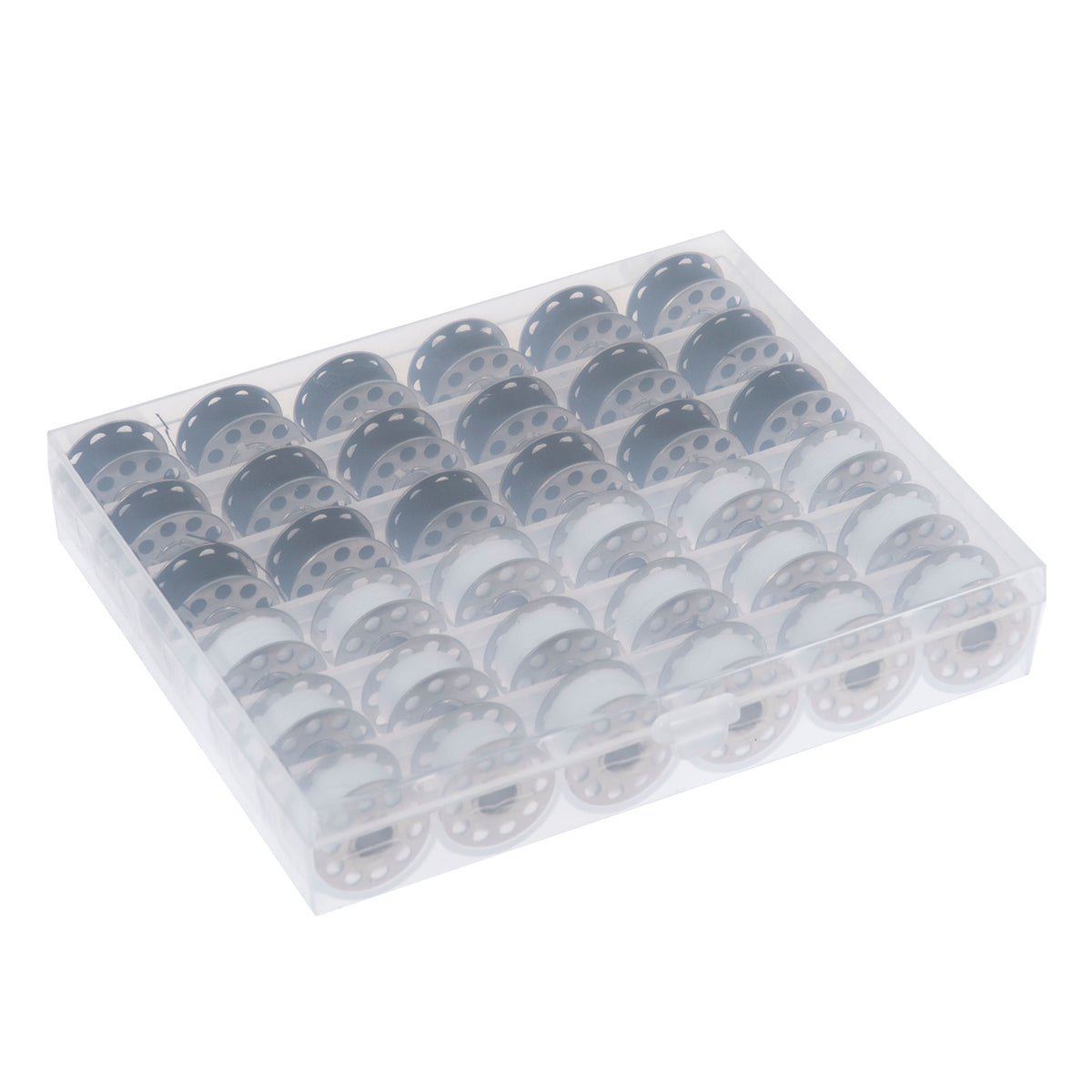 Black and white polyester thread spools and matching metal bobbins