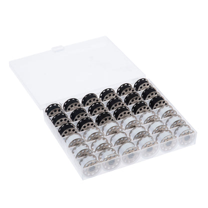 Black and white polyester thread spools and matching metal bobbins