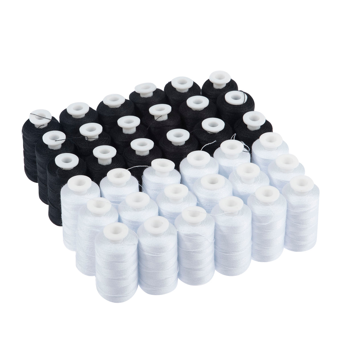 Black and white polyester thread spools and matching metal bobbins