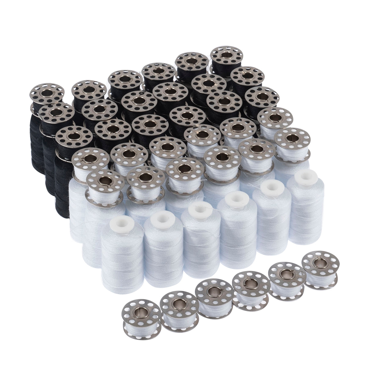 Black and white polyester thread spools and matching metal bobbins