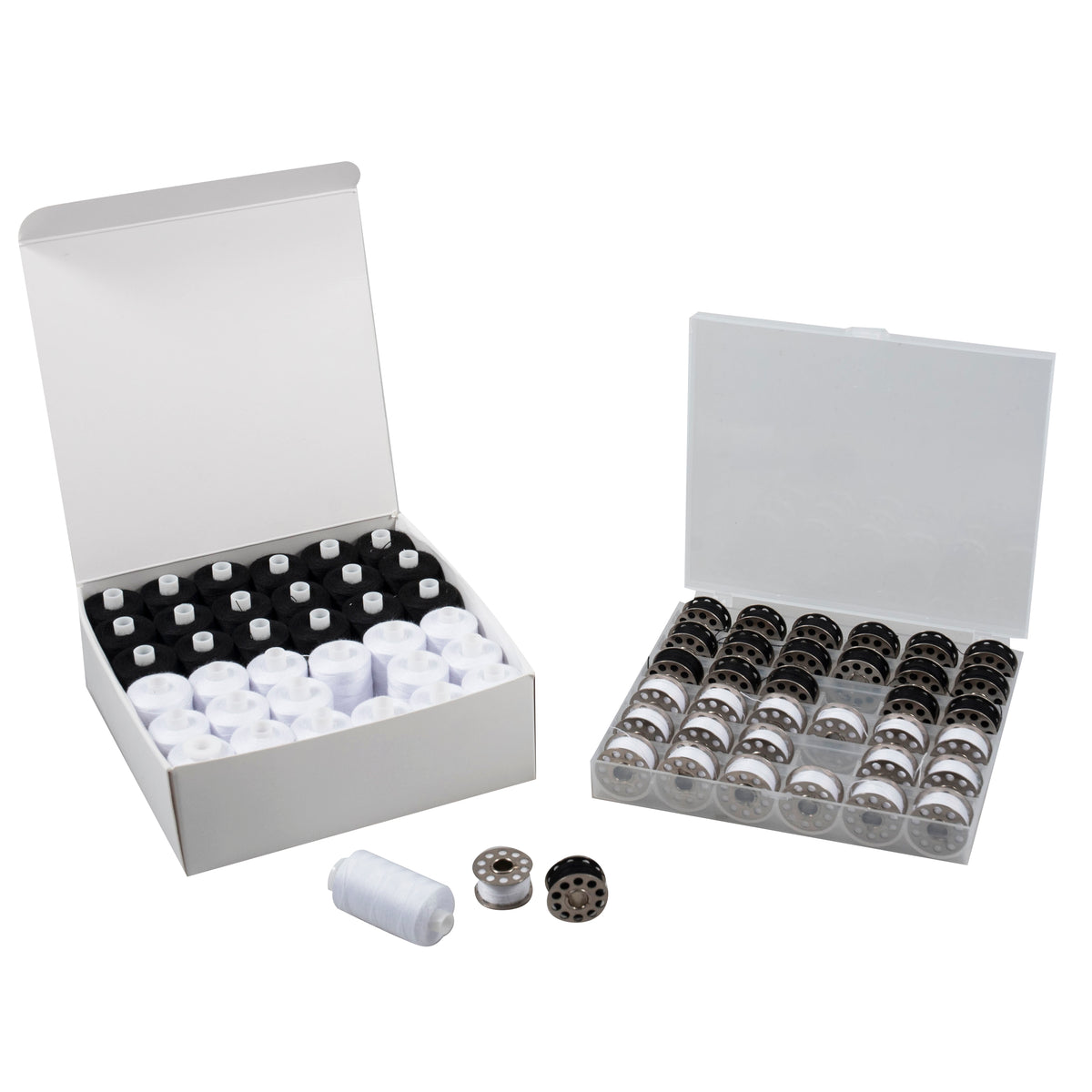 Black and white polyester thread spools and matching metal bobbins