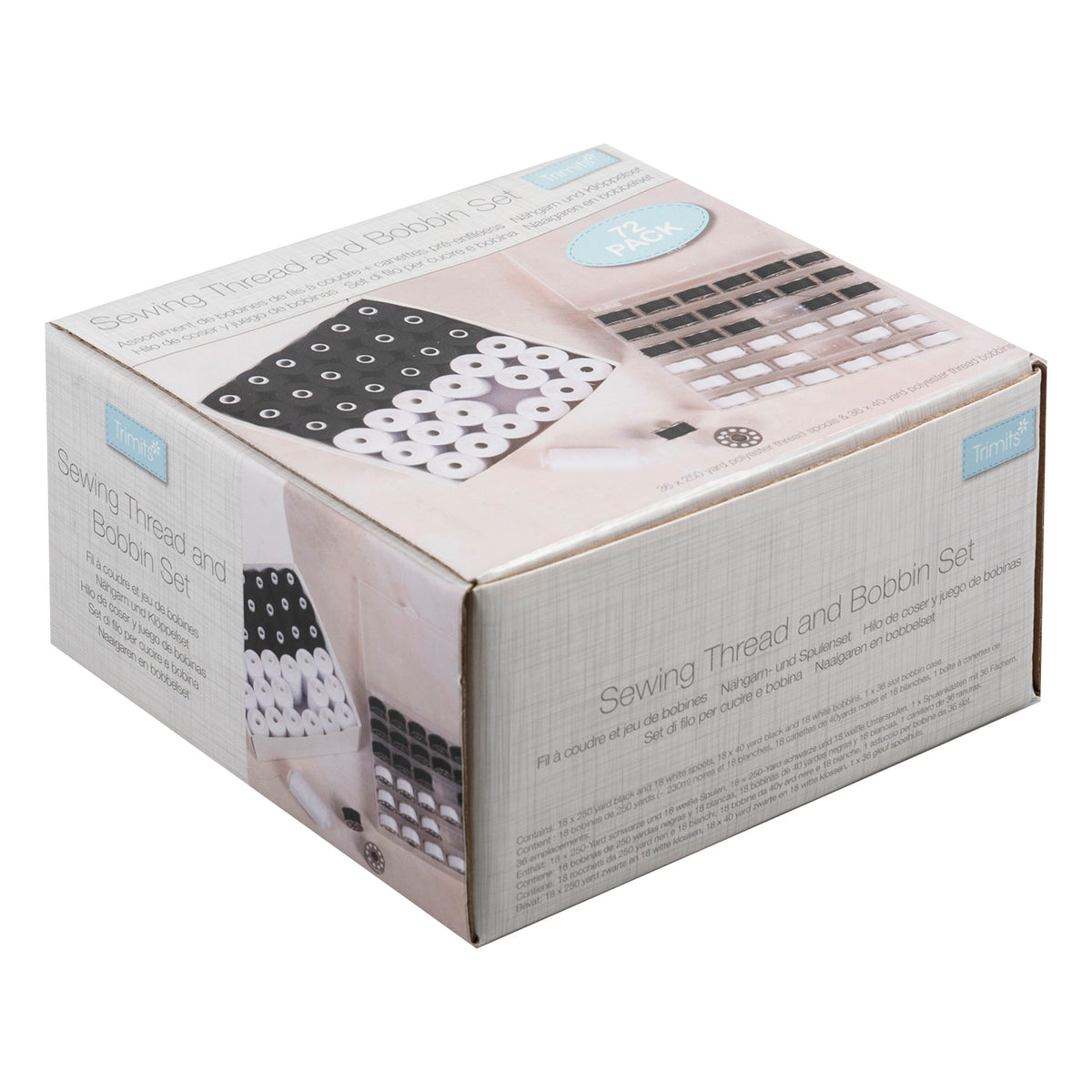 Black and white polyester thread spools and matching metal bobbins