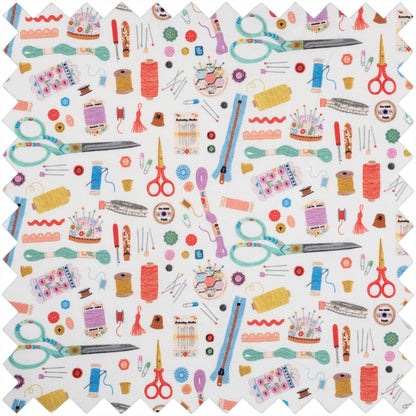 Round fabric-covered retractable tape measure with haberdashery notions print