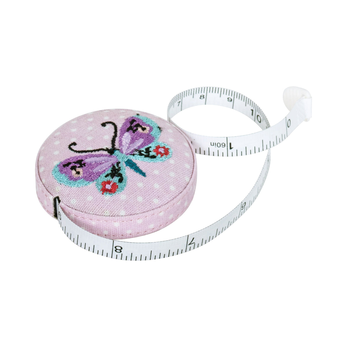 Round retractable tape measure with embroidered bugs and butterflies design