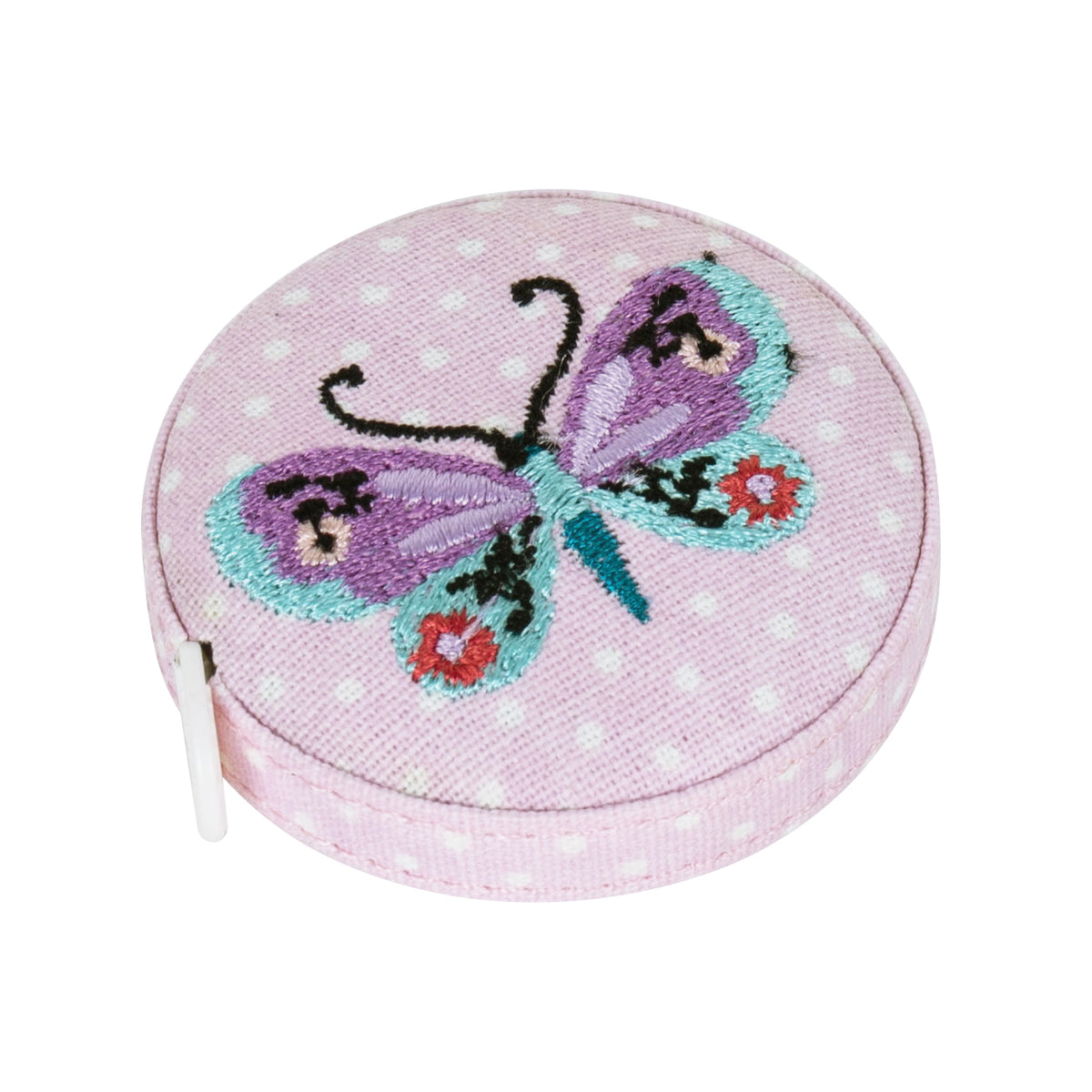 Round retractable tape measure with embroidered bugs and butterflies design