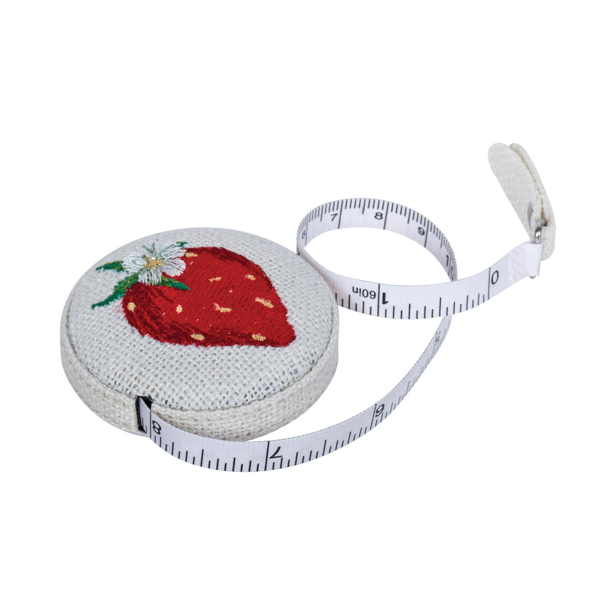 Round linen retractable tape measure with embroidered strawberries