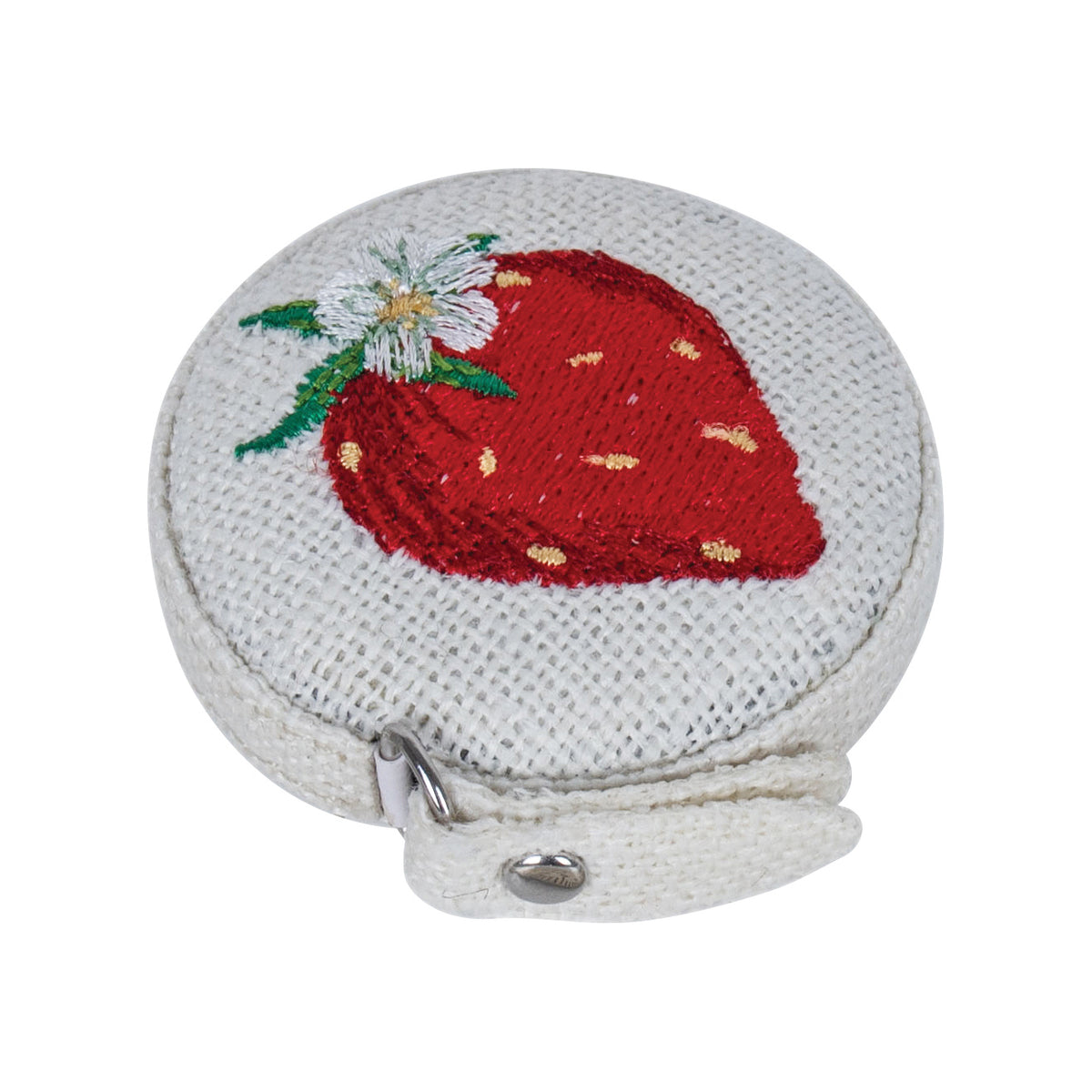 Round linen retractable tape measure with embroidered strawberries