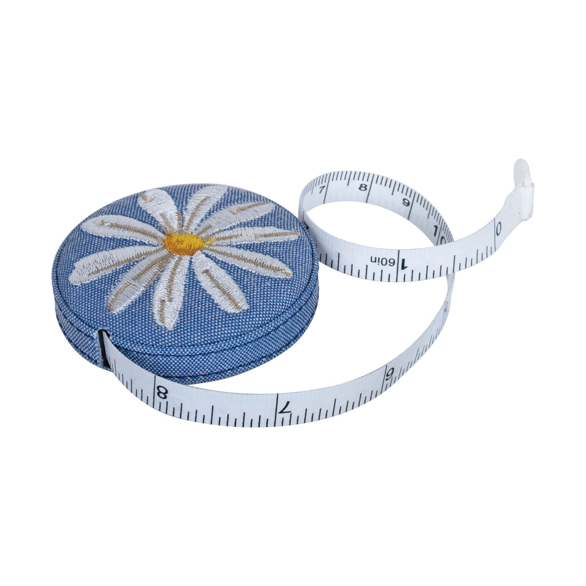 Round retractable tape measure with embroidered daisies on denim-style fabric