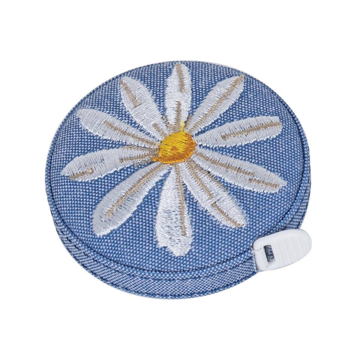Round retractable tape measure with embroidered daisies on denim-style fabric