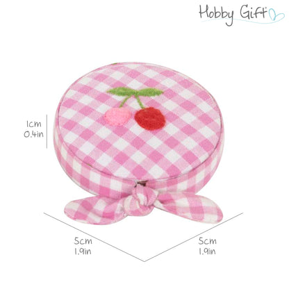 Gingham retractable tape measure with embroidered cherries