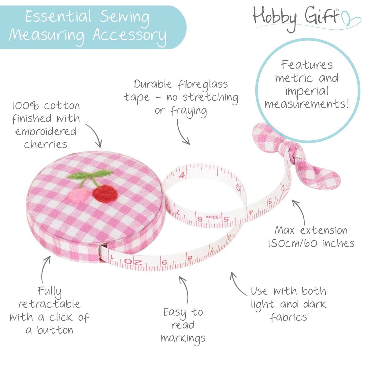 Gingham retractable tape measure with embroidered cherries