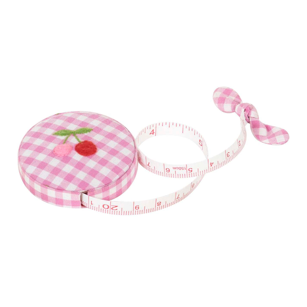 Gingham retractable tape measure with embroidered cherries