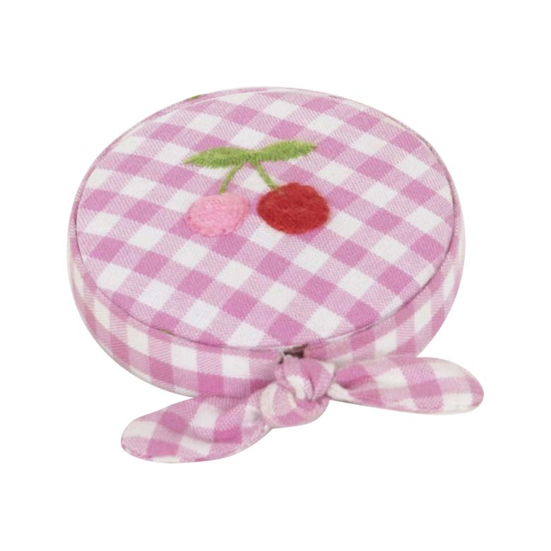 Gingham retractable tape measure with embroidered cherries