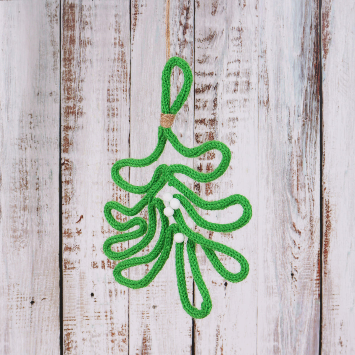 Knitted wire mistletoe Christmas decoration with white pom poms