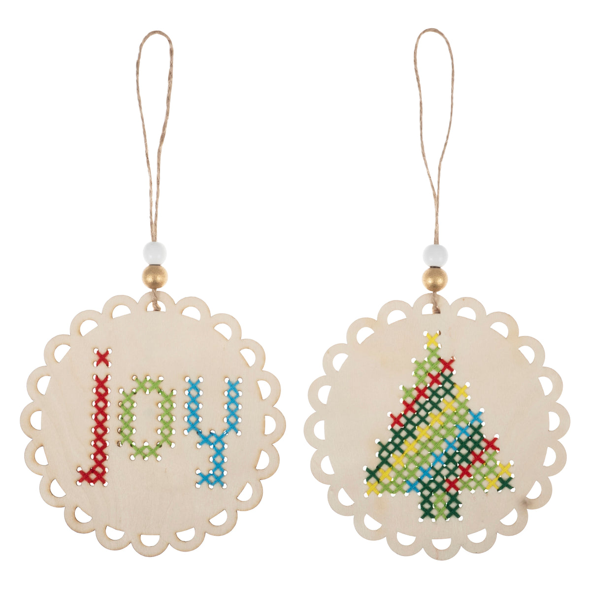 Pre-punched wooden Joy and Christmas tree shapes for cross stitch