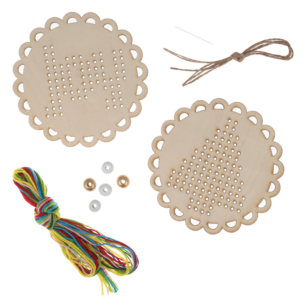 Pre-punched wooden Joy and Christmas tree shapes for cross stitch