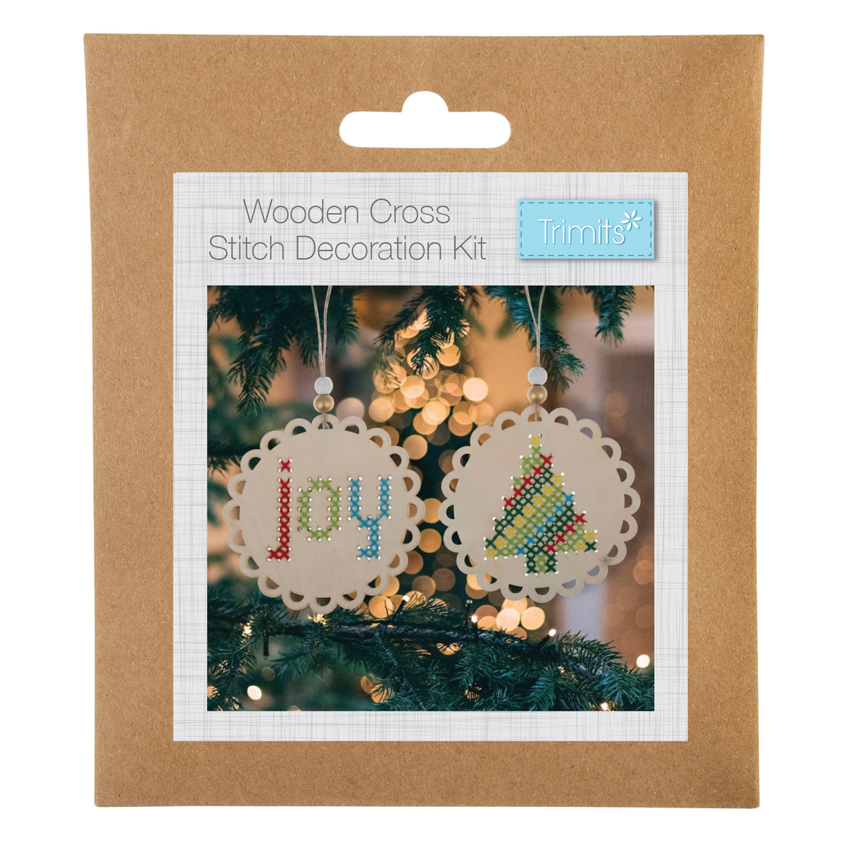 Pre-punched wooden Joy and Christmas tree shapes for cross stitch