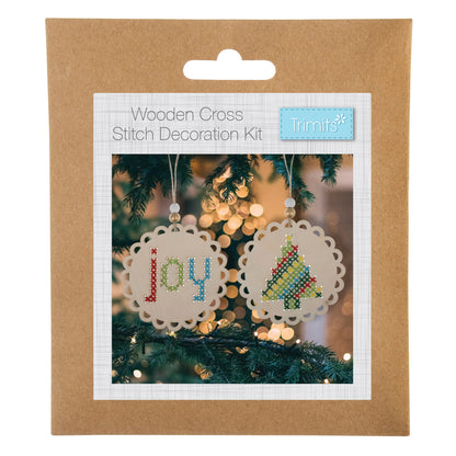 Pre-punched wooden Joy and Christmas tree shapes for cross stitch
