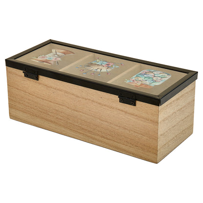 Wooden 3 compartment box with clear sewing-themed lid