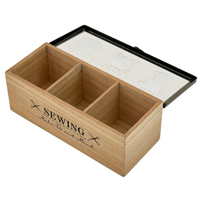 Wooden 3 compartment box with clear sewing-themed lid