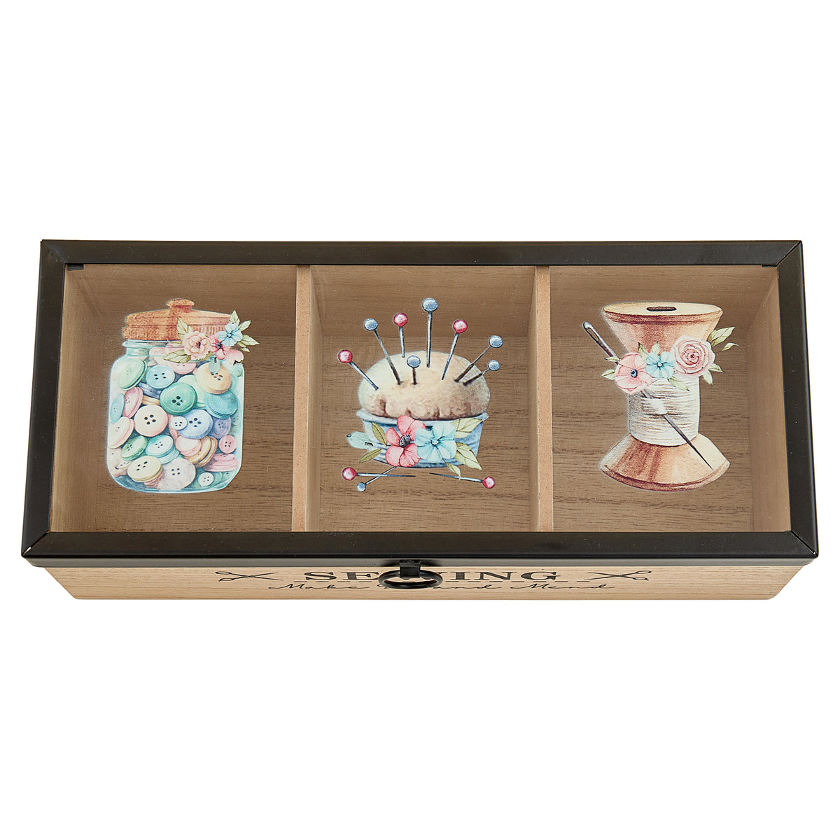 Wooden 3 compartment box with clear sewing-themed lid