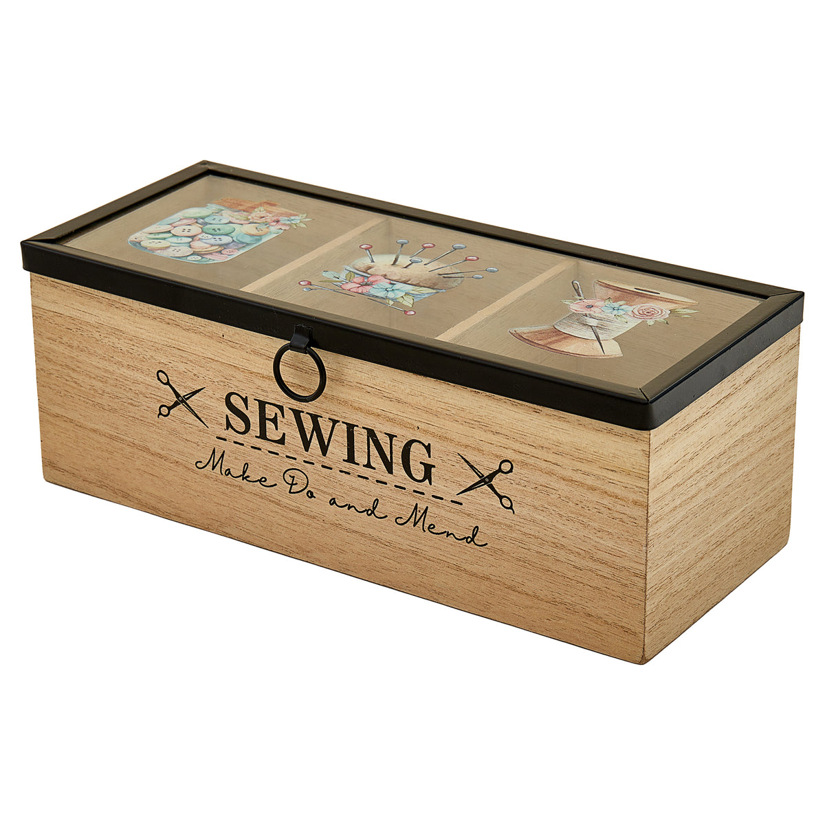 Wooden 3 compartment box with clear sewing-themed lid