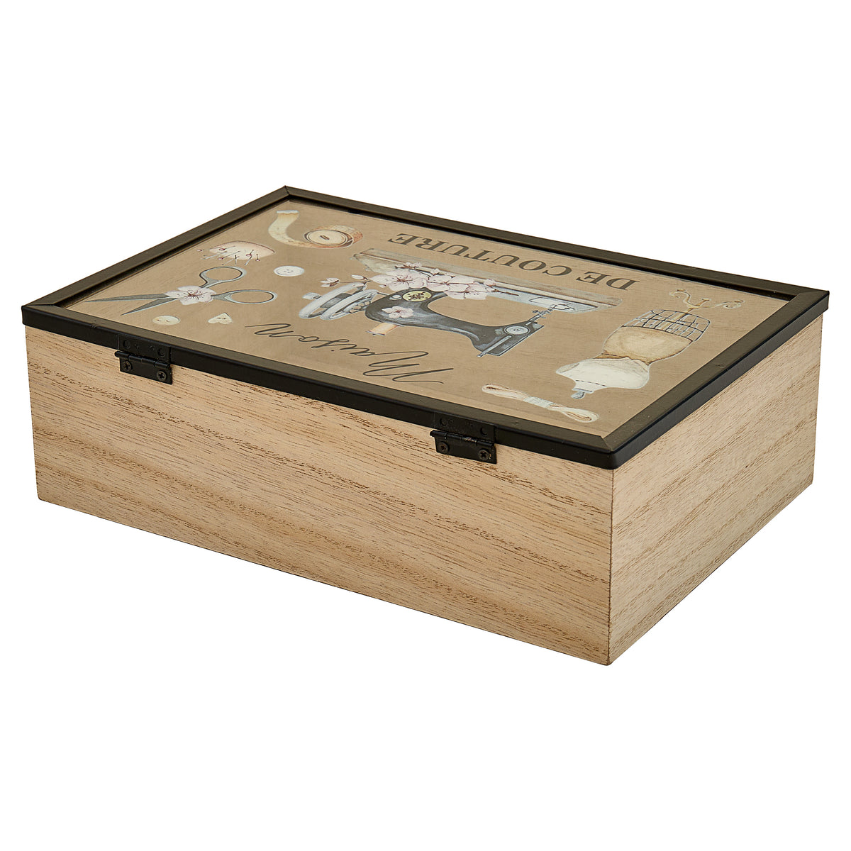 Wooden sewing box with Parisian vintage design clear lid