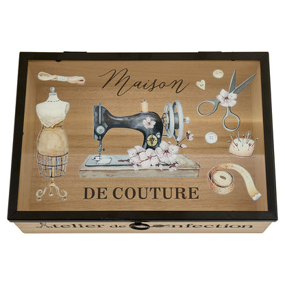 Wooden sewing box with Parisian vintage design clear lid