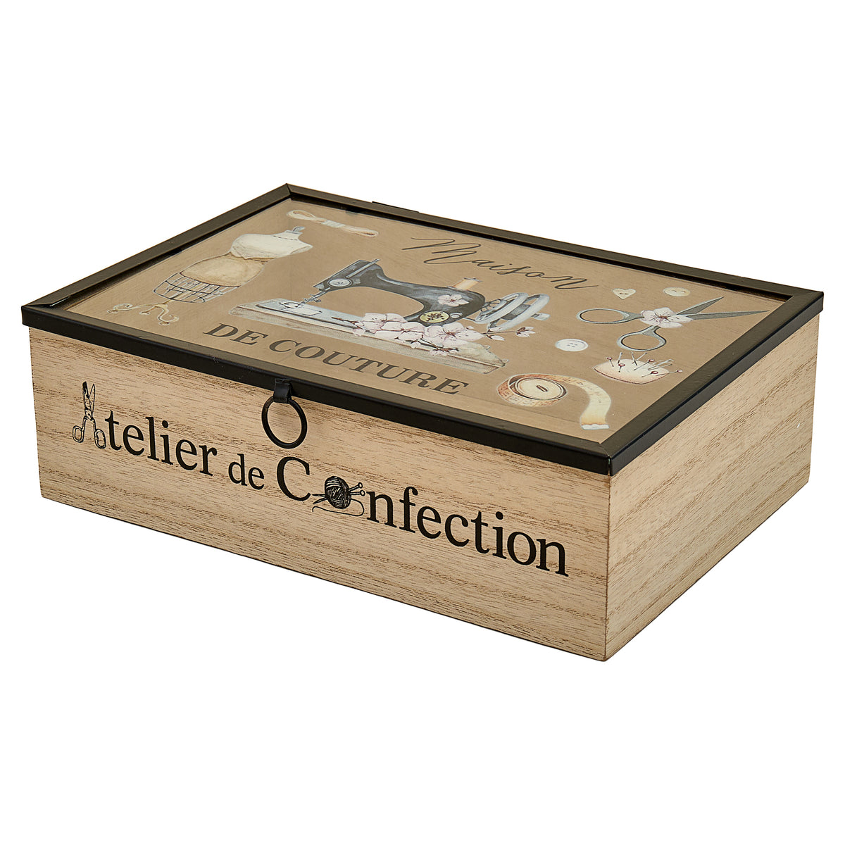 Wooden sewing box with Parisian vintage design clear lid