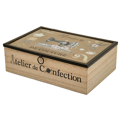 Wooden sewing box with Parisian vintage design clear lid