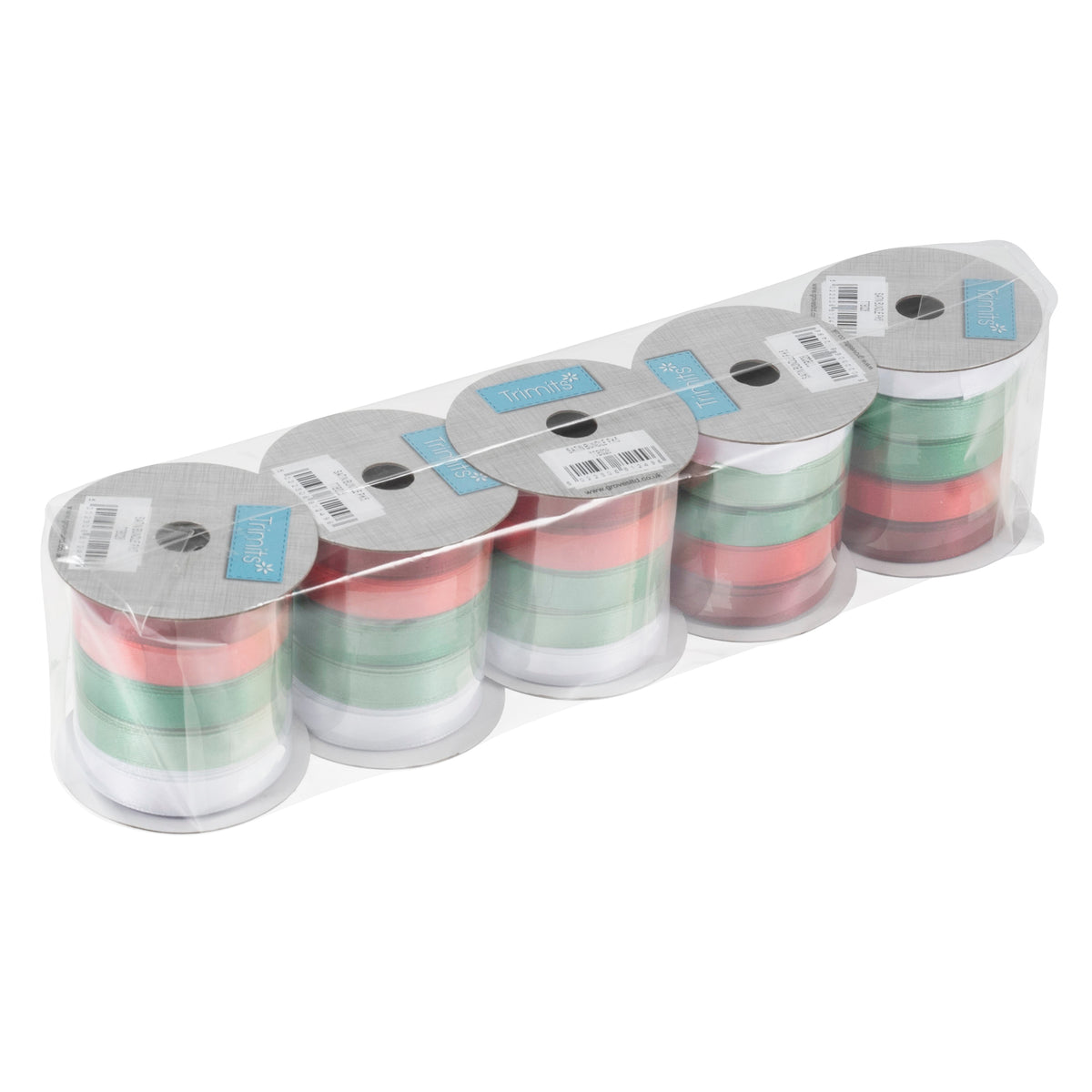 Spool of satin ribbon in burgundy, red, green, mint and white