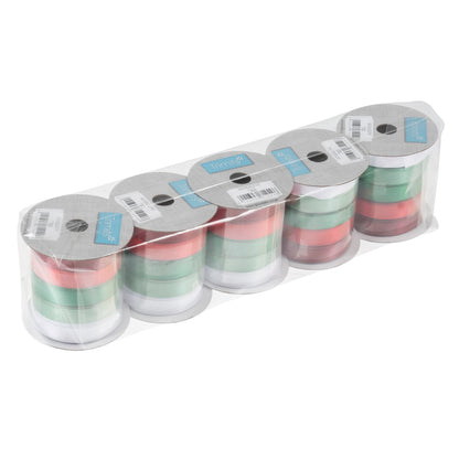 Spool of satin ribbon in burgundy, red, green, mint and white