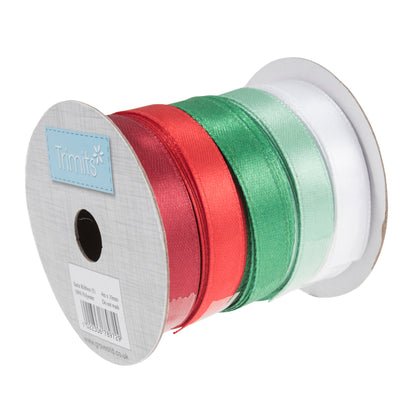 Spool of satin ribbon in burgundy, red, green, mint and white