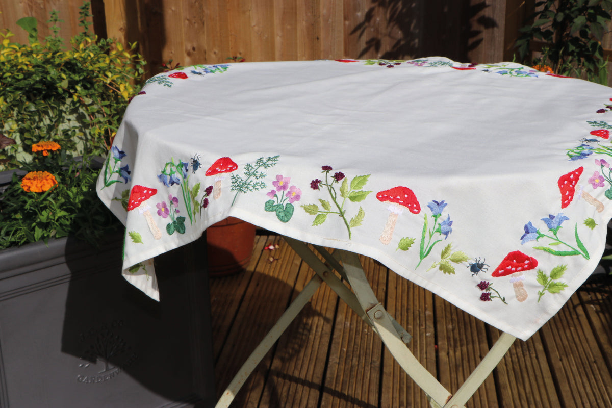 Embroidered cotton tablecloth with toadstool design