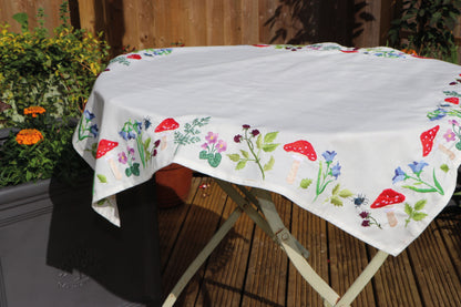 Embroidered cotton tablecloth with toadstool design