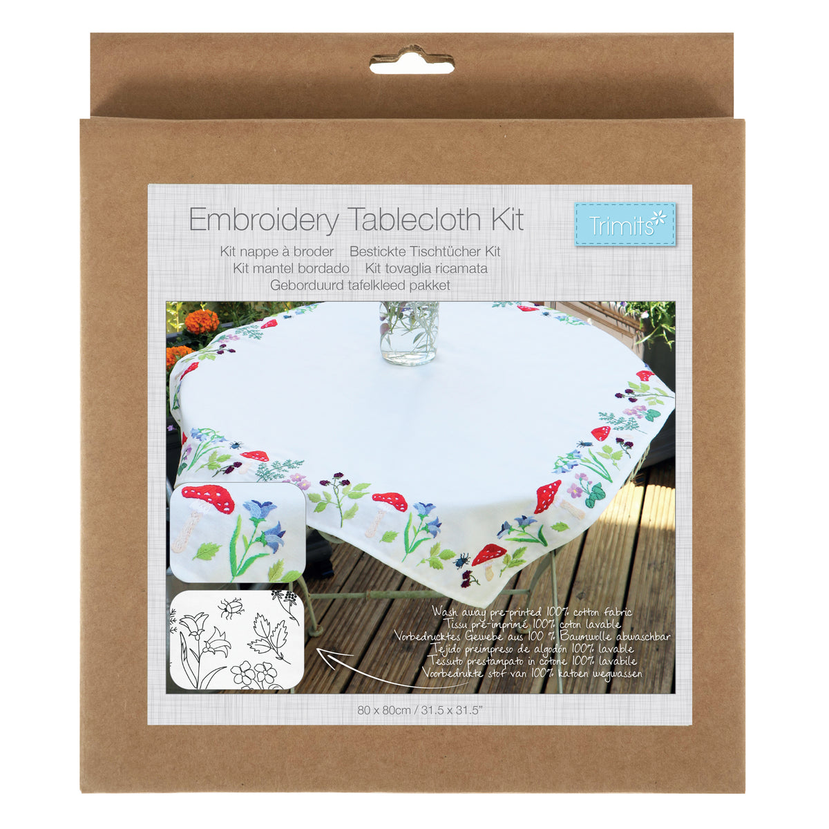 Embroidered cotton tablecloth with toadstool design