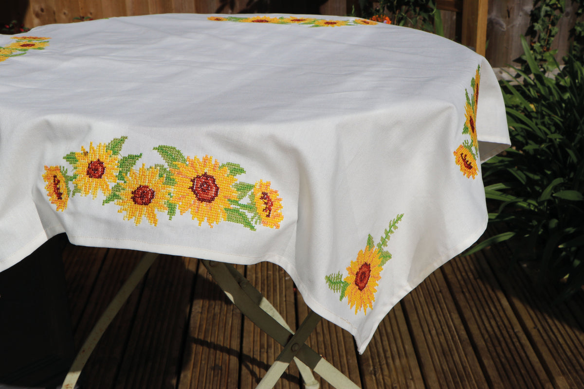 Cross stitched cotton tablecloth with sunflower design