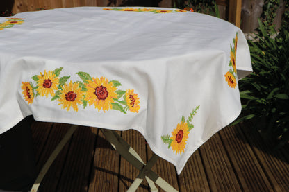 Cross stitched cotton tablecloth with sunflower design